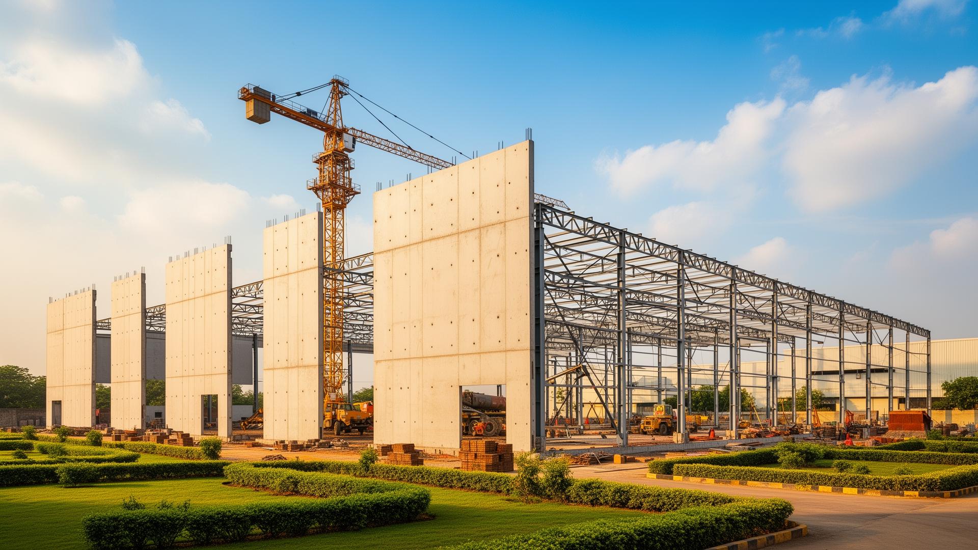 Industrial warehouse under construction — tilt-up concrete panels and structural steel erection