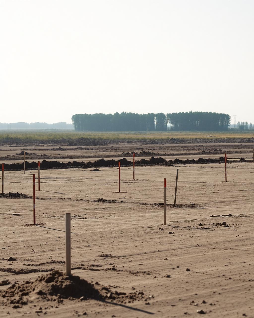 Raw industrial land parcel with surveyor markers