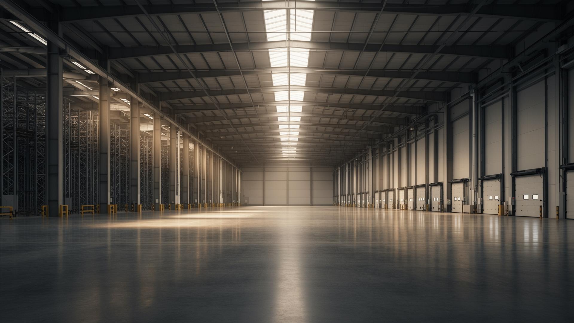 Grade-A warehouse interior with polished concrete floor and steel columns
